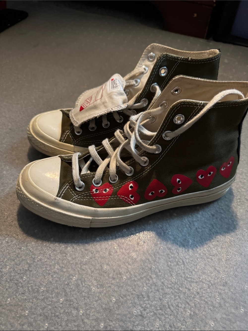 Converse Olive Green High-Top Sneakers with Red Heart Graphics